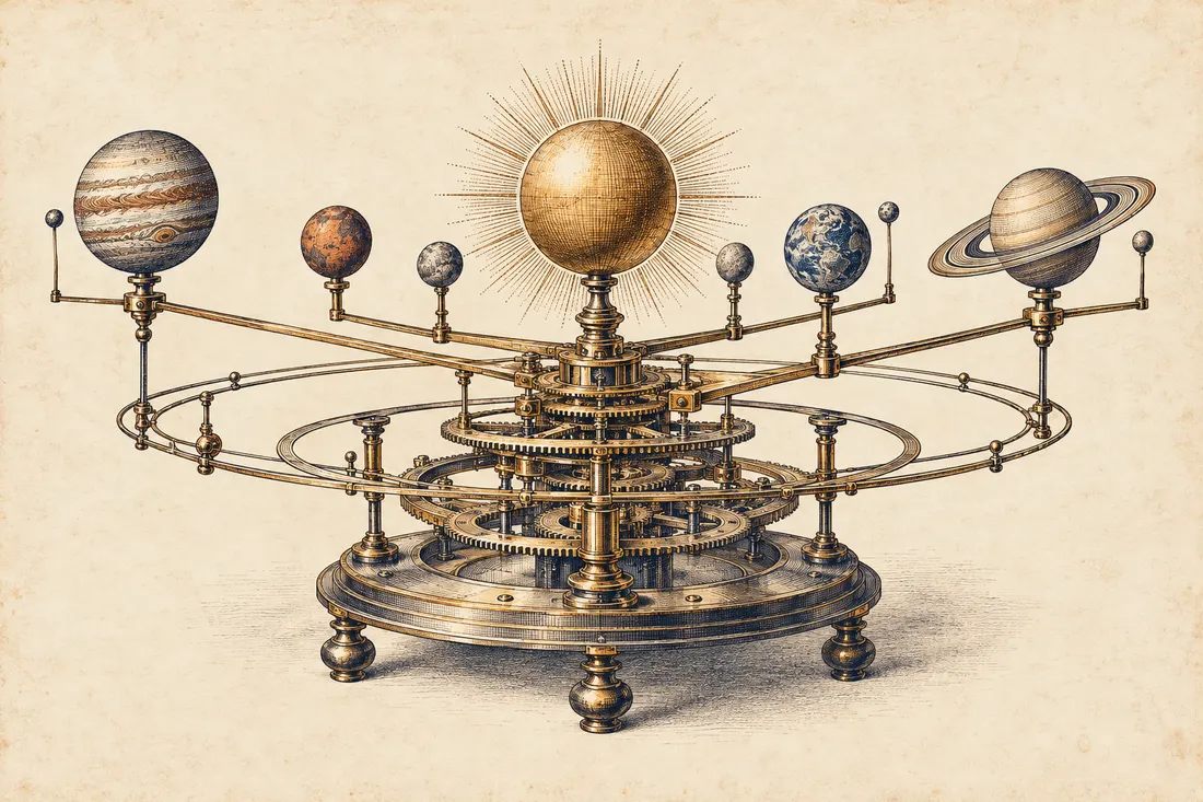 Rézmetszet stílusú planetárium bolygókkal a Nap körül